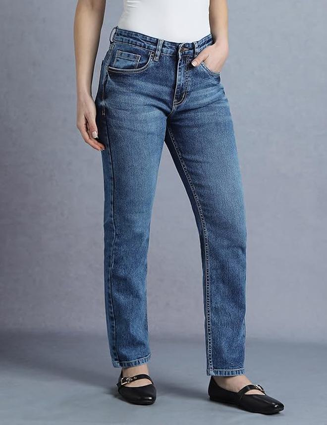 inkd جينز نسائي مستقيم - متوسط الارتفاع | مزيج القطن | قماش قابل للتمدد | تصميم كلاسيك 5 بوكت - Image 4